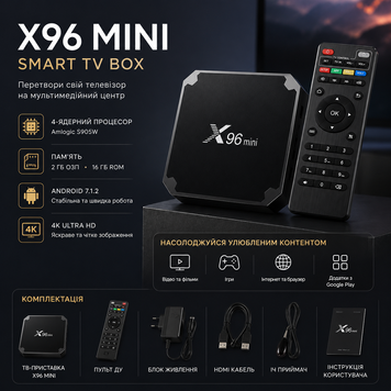 Приставка смарт тв бокс X96 Mini 4-ядерна 2Гб/16Гб Андроїд 7.1.2 чорна 4K 3333953 фото