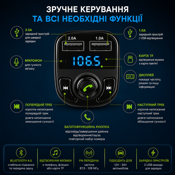 ФМ модулятор FM трансмiтер CAR X8 з Bluetooth MP3 (X8) 92733322 фото
