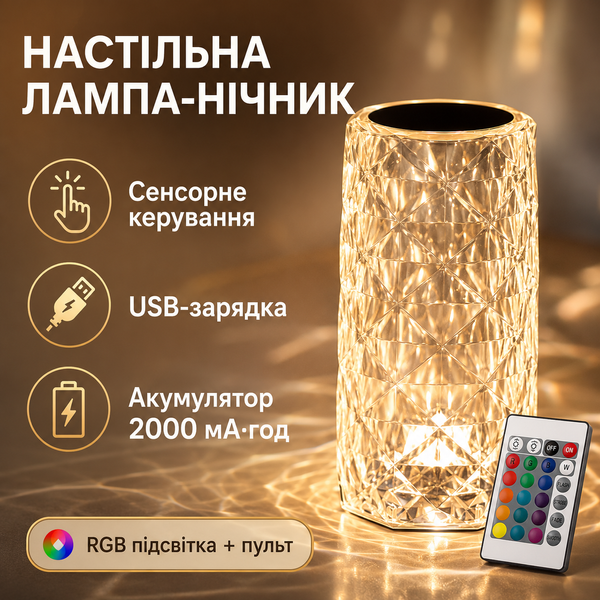 Настільна акумуляторна лампа з пультом 22см нічник Троянда з пультом RGB Crystal Rose CRR22 фото