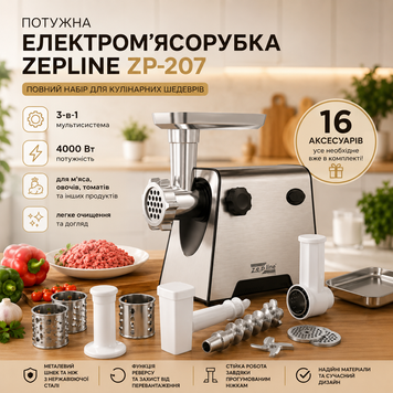Електром'ясорубка Zepline ZP-00207 3-в-1, 4000 Вт з соковижималкою, шатківницею та насадкою для ковбас ZP-00207 фото