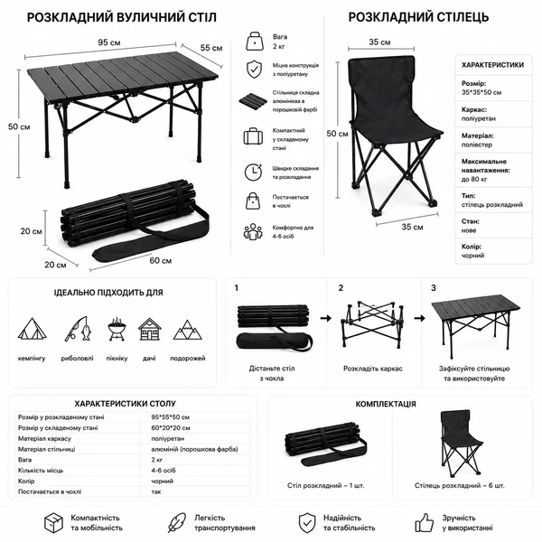 Складаний кемпінговий набір &bull; стіл + 6 стільців, ідеально для природи та пікніка МТ17083M6 фото