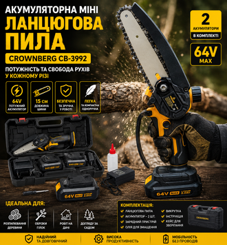 Мініатюрна акумуляторна ланцюгова пила Crownberg CB-3992 2 акумулятори, шина 15 см з кейсом 64 В СВ-3992 фото